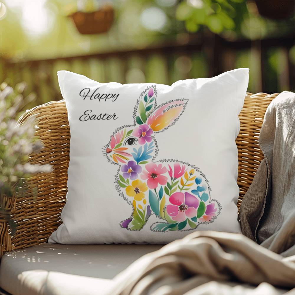 BUNNY FLORAL HAPPY EASTER White Indoor-Outdoor Pillow