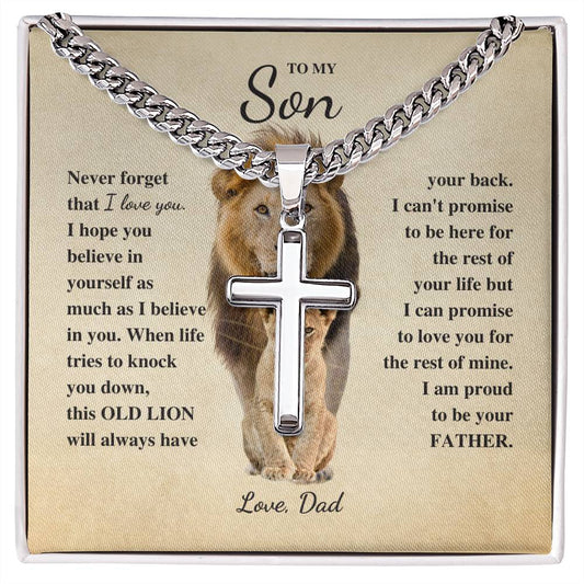 To Son Love Dad | Old Lion | Artisan Cross with Cuban Link Chain necklace