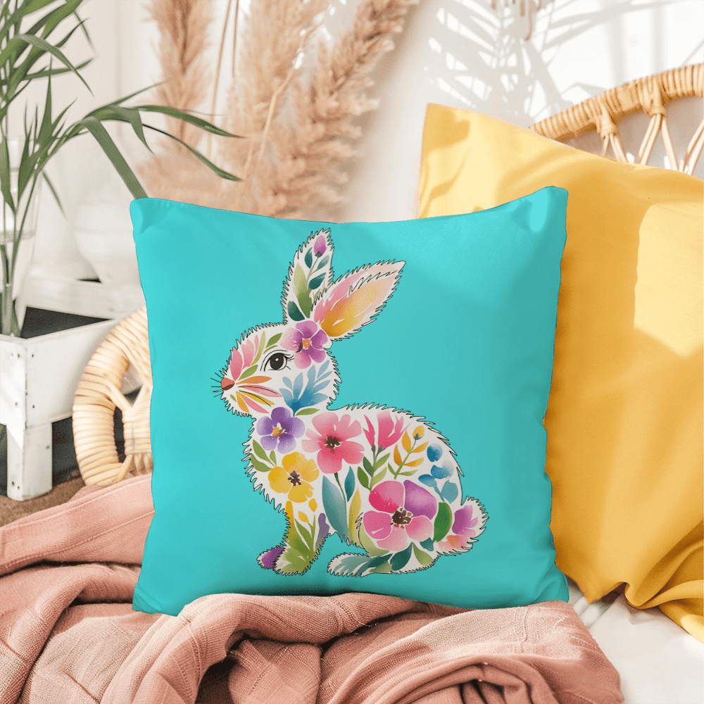 BUNNY FLORAL SPRING EASTER Turquoise Indoor - Outdoor Pillow - You Make It Special