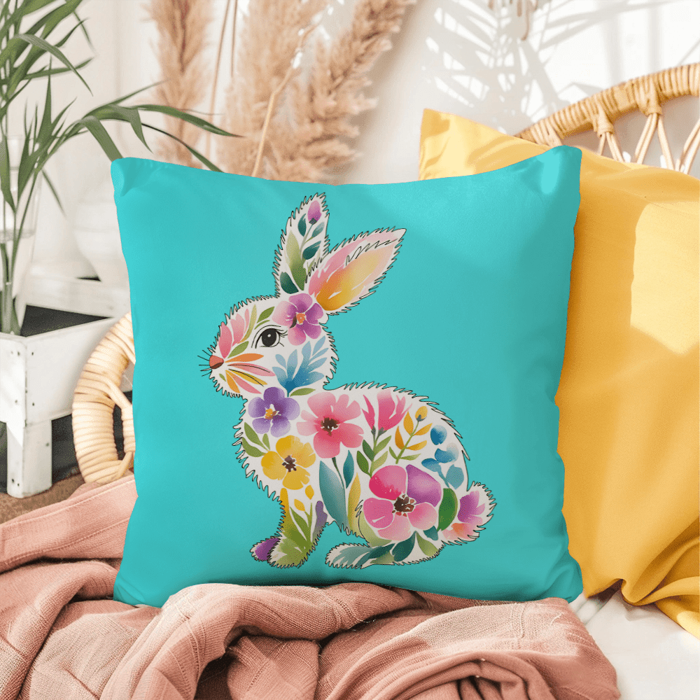 BUNNY FLORAL SPRING EASTER Turquoise Indoor - Outdoor Pillow - You Make It Special