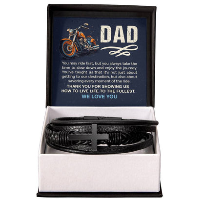 To Dad from children | You May Ride Fast | Cross Leather Bracelet (CLB-D-YMyRdFst-Nv-S2405) - You Make It Special