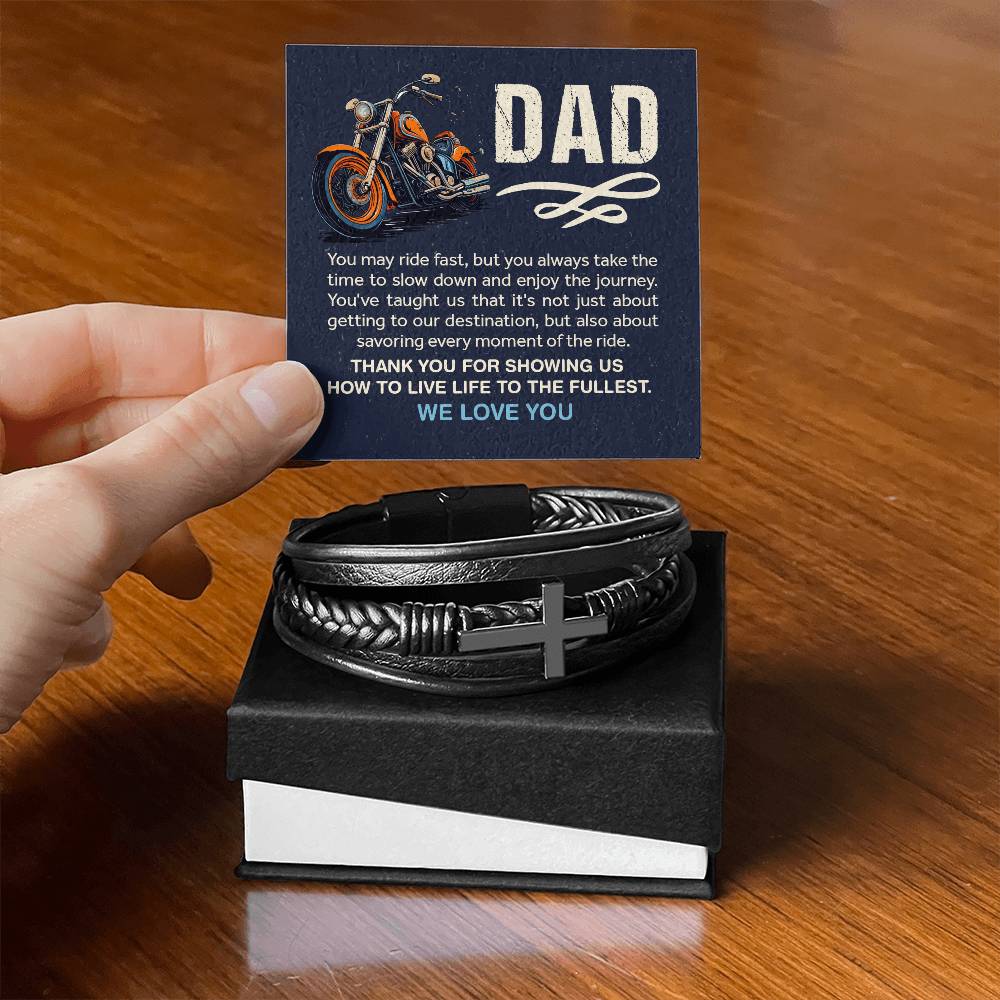 To Dad from children | You May Ride Fast | Cross Leather Bracelet (CLB-D-YMyRdFst-Nv-S2405) - You Make It Special