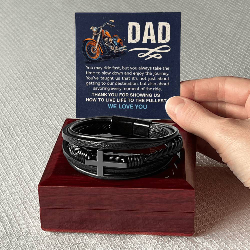 To Dad from children | You May Ride Fast | Cross Leather Bracelet (CLB-D-YMyRdFst-Nv-S2405) - You Make It Special