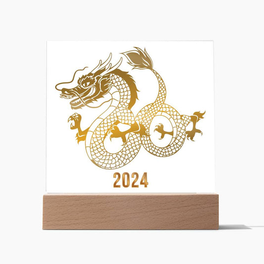 Chinese New Year 2024 - GOLD Dragon Square Acrylic Plaque Sign Nightlight - You Make It Special