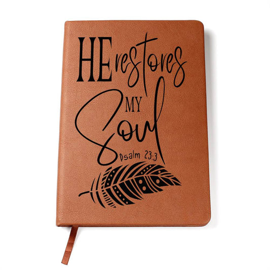 Feather leather journal diary notebook| Christian | He restores (LJ-FEA-HER-S2309) - You Make It Special